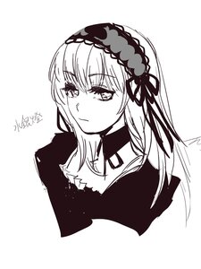 Rating: Safe Score: 0 Tags: 1girl bangs choker closed_mouth dress eyebrows_visible_through_hair frilled_hairband greyscale hair_between_eyes hairband image long_hair looking_at_viewer monochrome signature simple_background solo striped suigintou white_background User: admin