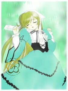 Rating: Safe Score: 0 Tags: 1girl brown_hair closed_eyes dress green_dress image long_hair long_sleeves lying on_back solo suiseiseki very_long_hair User: admin