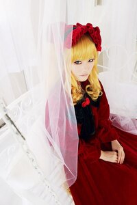 Rating: Safe Score: 0 Tags: 1girl bangs blonde_hair blue_eyes curtains dress flower red_dress red_flower red_rose rose shinku solo v_arms veil User: admin