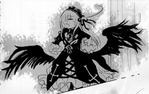 Rating: Safe Score: 0 Tags: 1girl black_wings dress feathered_wings feathers frills greyscale hairband image lolita_hairband long_hair long_sleeves monochrome open_mouth ribbon rose solo suigintou very_long_hair wings User: admin