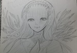 Rating: Safe Score: 0 Tags: 1girl feathered_wings greyscale image long_hair looking_at_viewer monochrome sketch smile solo suigintou traditional_media upper_body User: admin