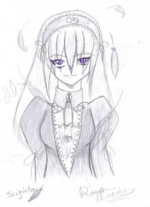 Rating: Safe Score: 0 Tags: 1girl closed_mouth feathers hairband image long_hair long_sleeves looking_at_viewer monochrome ribbon smile solo suigintou traditional_media upper_body User: admin