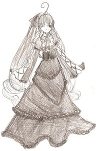 Rating: Safe Score: 0 Tags: 1girl ahoge dress full_body image long_hair looking_at_viewer monochrome smile solo standing suiseiseki traditional_media very_long_hair User: admin