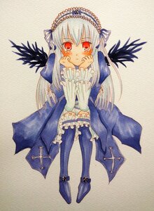 Rating: Safe Score: 0 Tags: 1girl black_wings dress frills full_body hairband image long_hair long_sleeves looking_at_viewer red_eyes ribbon silver_hair solo suigintou tears traditional_media wings User: admin