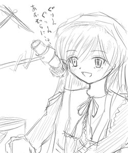 Rating: Explicit Score: 0 Tags: 1girl blush greyscale image long_hair long_sleeves monochrome open_mouth ribbon sketch smile solo suiseiseki User: admin