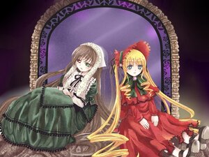 Rating: Safe Score: 0 Tags: 2girls blonde_hair blue_eyes bonnet bow brown_hair dress green_dress green_eyes hat image long_hair long_sleeves looking_at_viewer multiple_girls pair red_dress red_eyes shinku sitting suiseiseki twintails very_long_hair User: admin