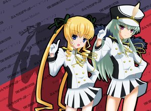 Rating: Safe Score: 0 Tags: 2girls band_uniform blonde_hair blue_eyes caipirinha doll_joints drill_hair gloves green_hair hat idolmaster idolmaster_(classic) idolmaster_live_for_you! image joints kozou_(rifa) long_hair majorette multiple_girls pair parody purple_eyes ribbon rozen_maiden shinku silver_hair skirt smile suigintou twintails wings User: admin