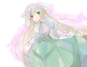 Rating: Safe Score: 0 Tags: 1girl blonde_hair bow dress frills green_dress green_eyes heterochromia image long_hair long_sleeves looking_at_viewer red_eyes simple_background solo suiseiseki very_long_hair User: admin