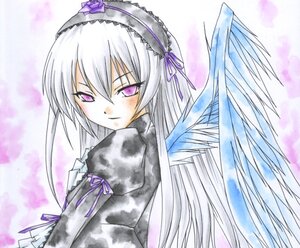 Rating: Safe Score: 0 Tags: 1girl black_wings dress frills hairband image long_hair long_sleeves looking_at_viewer pink_eyes ribbon silver_hair solo suigintou upper_body wings User: admin