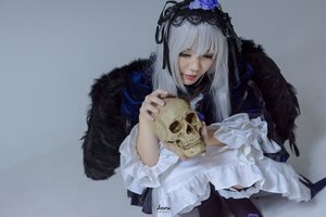 Rating: Safe Score: 0 Tags: 1girl closed_mouth dress flower frills hairband holding long_hair long_sleeves looking_at_viewer ribbon rose silver_hair skull solo suigintou upper_body User: admin