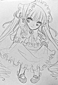 Rating: Safe Score: 0 Tags: 1girl dress frills full_body greyscale image long_hair looking_at_viewer monochrome shinku shoes sketch smile solo standing traditional_media User: admin