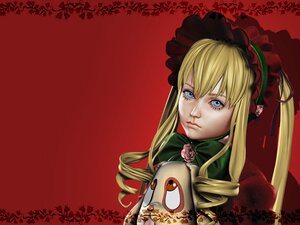Rating: Safe Score: 0 Tags: 1girl auto_tagged blonde_hair blue_eyes bonnet bow drill_hair flower green_bow image long_hair looking_at_viewer red_background red_theme rose shinku solo User: admin
