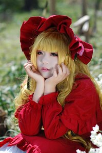 Rating: Safe Score: 0 Tags: 1girl bangs blonde_hair blue_eyes blunt_bangs blurry blurry_background bow day depth_of_field dress eyelashes flower lips long_hair long_sleeves looking_at_viewer nose outdoors realistic red_dress shinku sitting solo upper_body User: admin