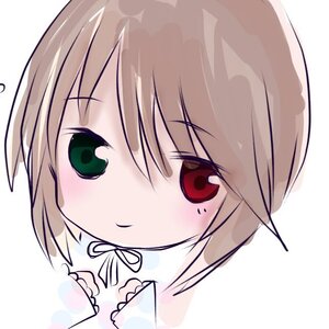 Rating: Safe Score: 0 Tags: 1girl bangs blonde_hair blush closed_mouth eyebrows_visible_through_hair green_eyes looking_at_viewer portrait red_eyes short_hair simple_background solo white_background User: admin