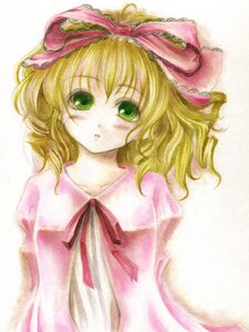Rating: Safe Score: 0 Tags: 1girl blonde_hair blush bow color_ink_(medium) commentary_request dress green_eyes hair_ribbon head_tilt hina_ichigo hinaichigo image lace looking_at_viewer pink_bow pink_dress pink_shirt ribbon rozen_maiden short_hair simple_background solo sugai traditional_media upper_body white_background User: admin