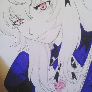 Rating: Safe Score: 0 Tags: 1girl closed_mouth dress eyebrows_visible_through_hair flower hair_between_eyes image looking_at_viewer marker_(medium) photo red_eyes rose shikishi smile solo suigintou traditional_media User: admin