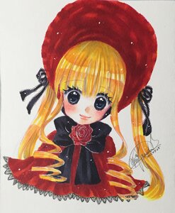 Rating: Safe Score: 0 Tags: 1girl artist_name bangs blonde_hair blush bonnet closed_mouth dated drill_hair flower hat image long_hair looking_at_viewer marker_(medium) millipen_(medium) photo portrait red_capelet ringlets rose shinku signature simple_background smile solo striped traditional_media twin_drills twintails upper_body white_background User: admin