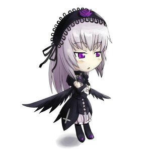 Rating: Safe Score: 0 Tags: 1girl black_wings blush chibi dress feathered_wings flower full_body hairband image long_hair long_sleeves silver_hair simple_background solo standing suigintou white_background wings User: admin