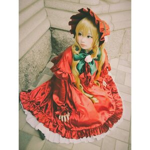 Rating: Safe Score: 0 Tags: 1girl blonde_hair bonnet bow dress frills long_hair long_sleeves red_dress shinku sitting solo tiles User: admin