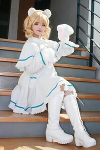 Rating: Safe Score: 0 Tags: 1girl animal_ears bench blonde_hair blue_eyes boots capelet dress hinaichigo knee_boots lips short_hair sitting solo white_capelet white_dress white_footwear wooden_floor User: admin