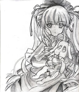 Rating: Safe Score: 0 Tags: 1girl 86800 blush dress eyebrows_visible_through_hair frills greyscale image long_hair long_sleeves looking_at_viewer monochrome shinku simple_background solo traditional_media very_long_hair white_background User: admin