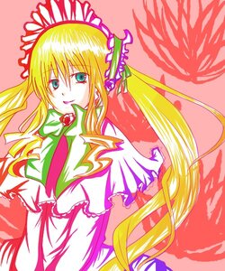 Rating: Safe Score: 0 Tags: 1girl blonde_hair blue_eyes dress frills green_neckwear image long_hair long_sleeves looking_at_viewer pink_background red_background shinku simple_background smile solo twintails very_long_hair User: admin