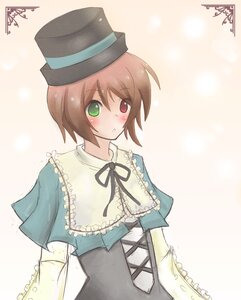 Rating: Safe Score: 0 Tags: 1girl blue_dress blush brown_hair dress frills green_eyes hat heterochromia image long_sleeves looking_at_viewer red_eyes short_hair simple_background solo souseiseki suiseiseki top_hat upper_body white_background User: admin