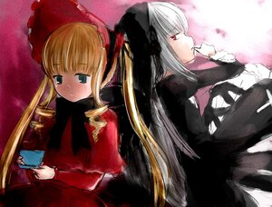 Rating: Safe Score: 0 Tags: 2girls blonde_hair blush bonnet bow cup dress drill_hair image long_hair long_sleeves multiple_girls pair red_eyes shinku silver_hair suigintou teacup twin_drills twintails User: admin