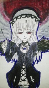 Rating: Safe Score: 0 Tags: 1girl bangs black_wings cross-laced_clothes dress eyebrows_visible_through_hair flower frills hairband image long_hair long_sleeves looking_at_viewer red_eyes rose smile solo suigintou traditional_media wings User: admin
