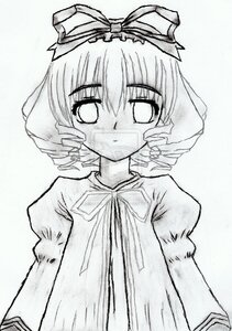 Rating: Safe Score: 0 Tags: 1girl dress eyebrows_visible_through_hair greyscale hair_ribbon hinaichigo image long_sleeves looking_at_viewer monochrome puffy_sleeves ribbon short_hair solo traditional_media upper_body User: admin