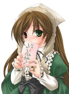 Rating: Safe Score: 0 Tags: 1girl blush brown_hair dress frills green_dress green_eyes head_scarf heterochromia holding image jewelry long_hair long_sleeves red_eyes simple_background solo suiseiseki very_long_hair white_background User: admin