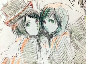 Rating: Safe Score: 0 Tags: green_eyes hat head_scarf heterochromia holding_hands image long_hair looking_at_viewer monochrome pair short_hair siblings sisters souseiseki suiseiseki traditional_media User: admin