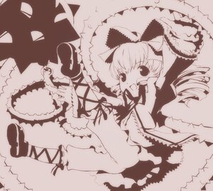 Rating: Safe Score: 0 Tags: 1girl bloomers bow dress drill_hair frills hinaichigo image long_hair long_sleeves monochrome open_mouth ribbon smile solo underwear User: admin