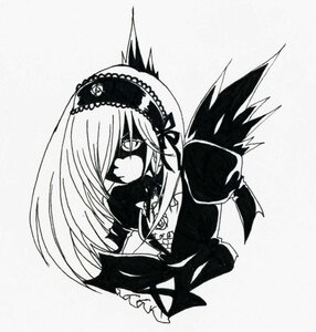 Rating: Safe Score: 0 Tags: 1girl black_wings dress hair_over_one_eye hairband image long_hair long_sleeves monochrome solo suigintou upper_body wings User: admin