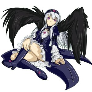 Rating: Safe Score: 3 Tags: 1girl black_wings boots detached_collar dress frilled_sleeves frills full_body hairband image knee_boots long_hair long_sleeves looking_at_viewer purple_eyes silver_hair sitting solo suigintou wings User: admin