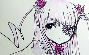 Rating: Safe Score: 0 Tags: 1girl bangs barasuishou dress eyebrows_visible_through_hair flower hair_ornament image long_hair looking_at_viewer pink_flower pink_rose rose simple_background solo traditional_media two_side_up upper_body User: admin