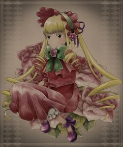 Rating: Safe Score: 0 Tags: 1girl blonde_hair bloomers blue_eyes bonnet bow bowtie dress flower frills full_body green_bow image long_hair long_sleeves looking_at_viewer photo pink_bow pink_flower red_dress red_flower rose shinku shoes sitting solo traditional_media twintails underwear User: admin