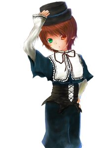 Rating: Safe Score: 0 Tags: 1girl brown_hair dress green_eyes hat heterochromia image long_sleeves looking_at_viewer red_eyes ribbon short_hair simple_background solo souseiseki standing white_background User: admin