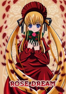 Rating: Safe Score: 0 Tags: 1girl blonde_hair blue_eyes bonnet bow dress flower green_bow image long_hair long_sleeves looking_at_viewer petals red_dress rose rose_petals shinku solo twintails User: admin