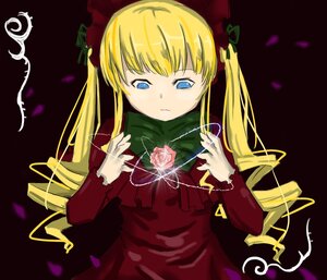 Rating: Safe Score: 0 Tags: 1girl blonde_hair blue_eyes blush bow dress drill_hair flower green_bow image long_hair long_sleeves looking_at_viewer petals red_dress rose rose_petals shinku simple_background solo twintails upper_body User: admin