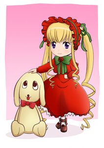 Rating: Safe Score: 0 Tags: 1girl blonde_hair bonnet bow bowtie dress drill_hair full_body green_bow image long_hair long_sleeves looking_at_viewer pink_background red_dress shinku shoes sidelocks simple_background solo standing stuffed_animal twintails User: admin