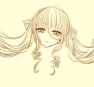Rating: Safe Score: 0 Tags: 1girl drill_hair hair_ribbon image long_hair looking_at_viewer monochrome portrait ribbon shinku simple_background solo striped tears twintails upper_body yellow_background User: admin