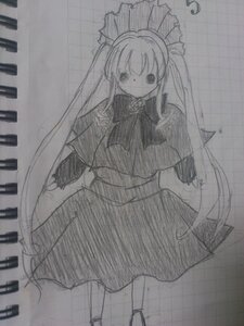 Rating: Safe Score: 0 Tags: 1girl cape greyscale image long_hair long_sleeves looking_at_viewer monochrome shinku skirt solo standing traditional_media very_long_hair User: admin