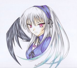 Rating: Safe Score: 0 Tags: 1girl closed_mouth dress frills hairband image long_hair long_sleeves looking_at_viewer pink_eyes ribbon silver_hair simple_background solo suigintou upper_body wings User: admin