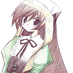 Rating: Safe Score: 0 Tags: 1girl blush brown_hair dress hat image long_sleeves ribbon simple_background solo suiseiseki upper_body white_background User: admin