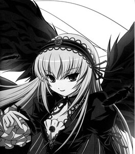 Rating: Safe Score: 0 Tags: 1girl black_wings detached_collar dress feathered_wings feathers frills greyscale hairband image long_hair long_sleeves looking_at_viewer monochrome simple_background smile solo suigintou upper_body very_long_hair wings User: admin