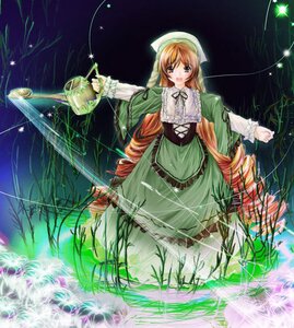 Rating: Safe Score: 0 Tags: 1girl dress grass green_dress green_eyes hat head_scarf image long_hair long_sleeves outdoors plant solo standing suiseiseki twintails very_long_hair watering_can User: admin