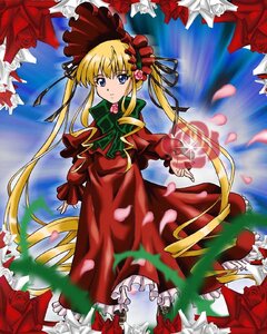 Rating: Safe Score: 0 Tags: 1girl blonde_hair blue_eyes bonnet bow bowtie dress drill_hair flower frills green_bow green_neckwear image long_hair long_sleeves looking_at_viewer petals pink_flower pink_rose red_dress red_flower red_rose rose rose_petals shinku sidelocks solo thorns twintails white_rose User: admin