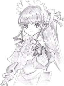 Rating: Safe Score: 0 Tags: 1girl bonnet dress flower frills greyscale image long_hair long_sleeves looking_at_viewer monochrome ribbon shinku simple_background solo traditional_media white_background User: admin