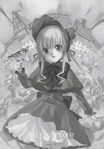 Rating: Safe Score: 0 Tags: 1girl dress frills greyscale hat image long_hair long_sleeves looking_at_viewer monochrome open_mouth outdoors shinku sidelocks smile solo standing User: admin